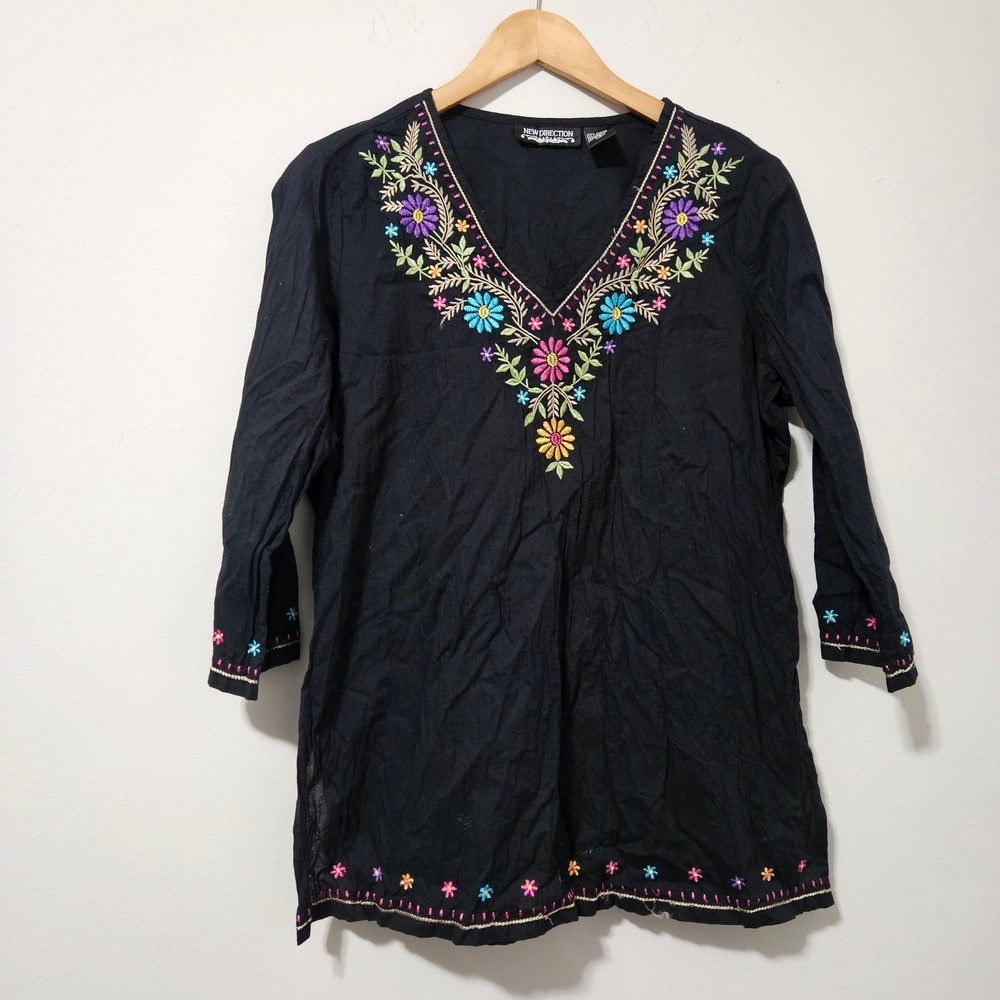 New Direction Womens Black Floral Embroidered Cotton Tunic V-Neck 3/4 Sleeve Top